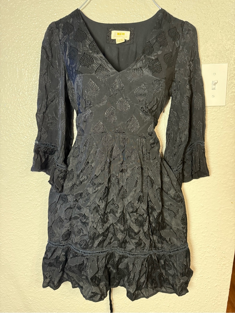 Anthropologie Maeve Dress Christine Black Belted V-Neck Bell Sleeve Sz 00